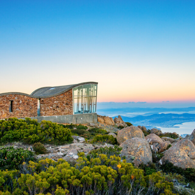 The view at Mount Wellington at sunset in Hobart, Tasmania, Australia. Mount Wellington is a popular location to watch sunset and is a short drive from Hobart city centre.