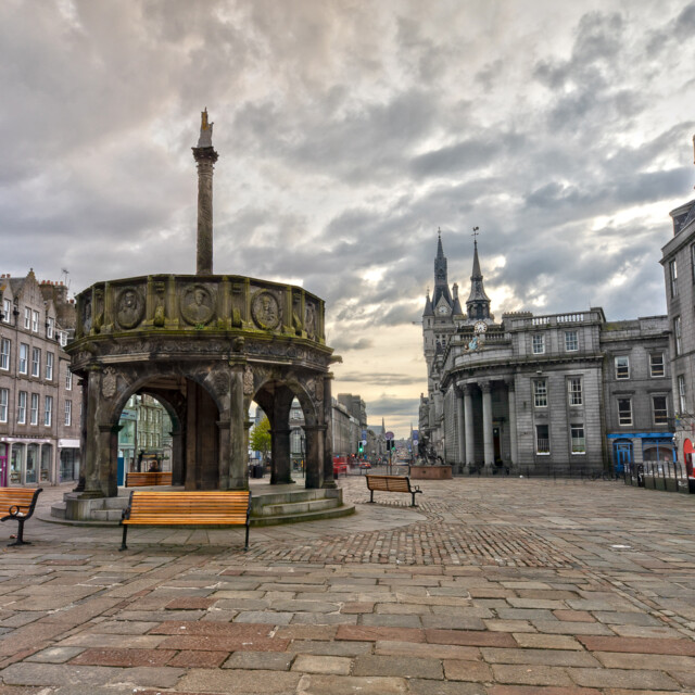 The Mercat Cross is located in the Center of Aberdeen