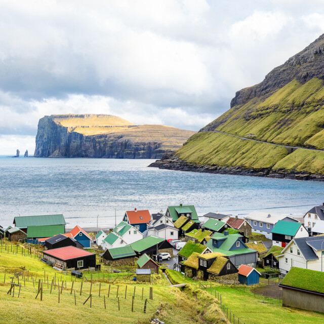 Tjornuvik village, stacks Risin and Kellingin before storm, Eysturoy, Faroe Islands, Denmark
