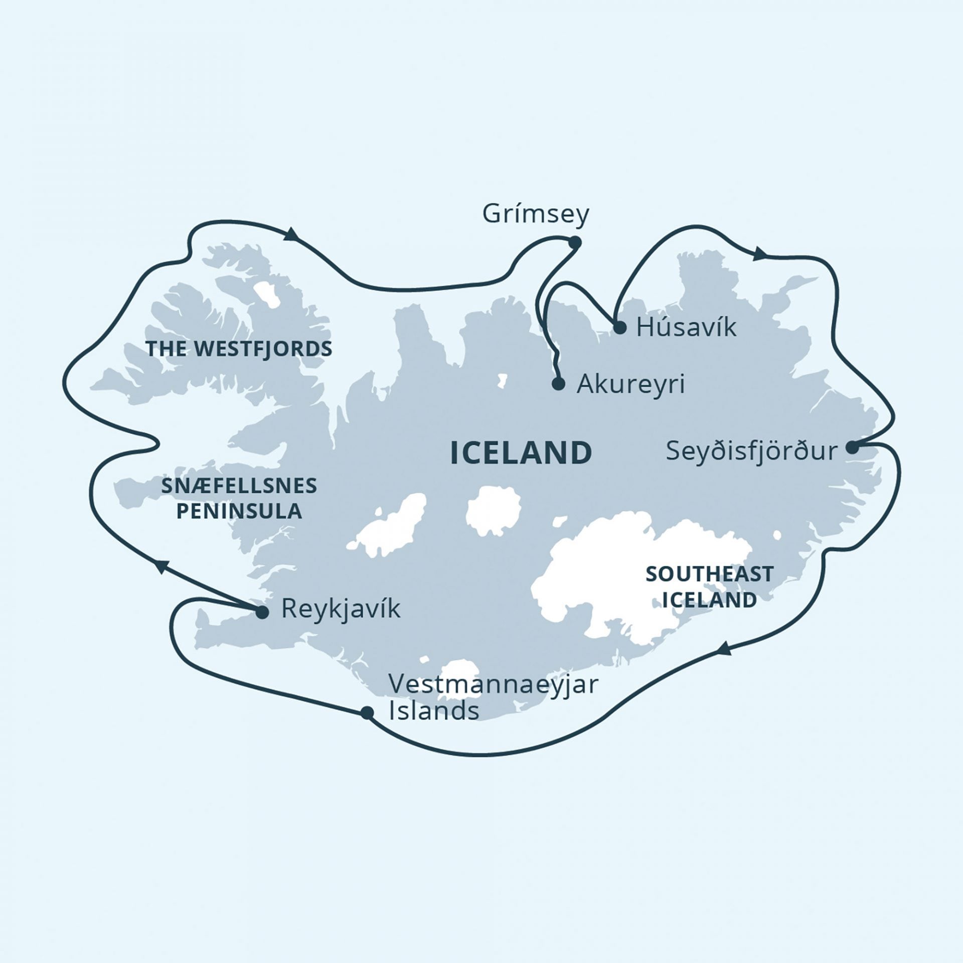 Map for Iceland Circumnavigation Cruise