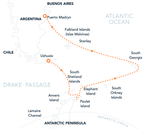 Map for Antarctica, South Georgia & Falklands Cruise