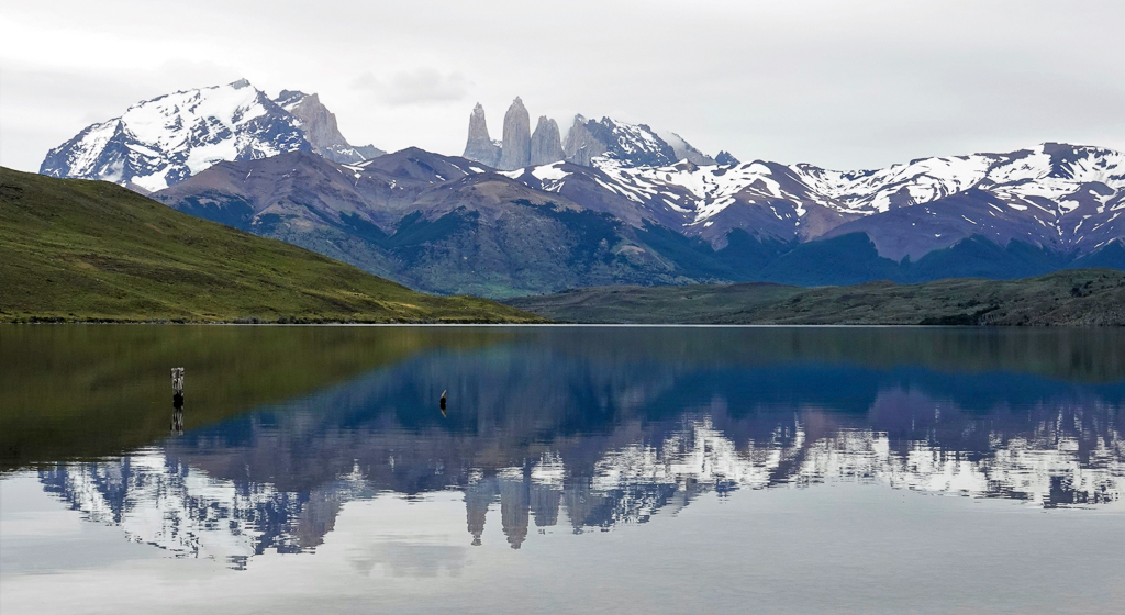 Lago Azul and Torres del Paine with reflection