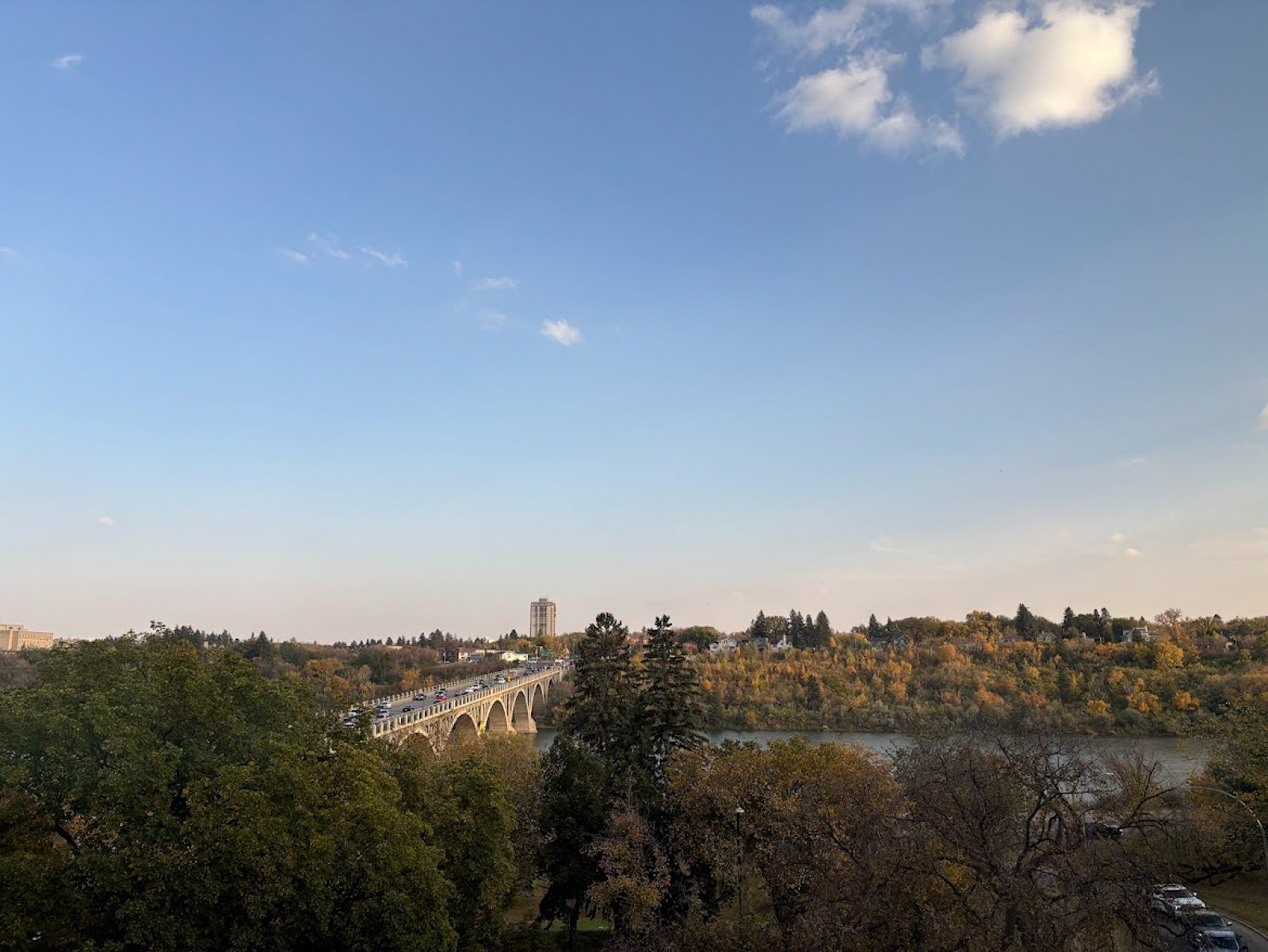 View of the South Saskatchewan River and University Bridge from our hotel rooms